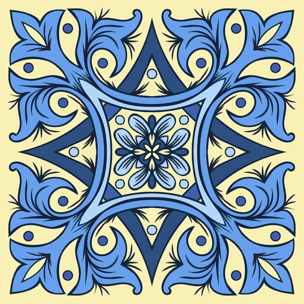 Hand drawing tile pattern in  blue and yellow colors. Italian majolica style. — Stock Vector