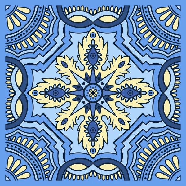 Hand drawing tile pattern in blue and yellow colors. Italian majolica style. — Stock Vector