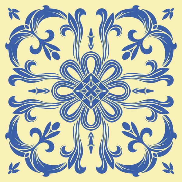 Hand drawing tile pattern in  blue and yellow colors. Italian majolica style. — Stock Vector