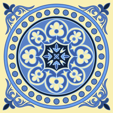 Mavi ve sarı renklerde el çizim döşeme deseni. İtalyan Mayolikası tarzı.