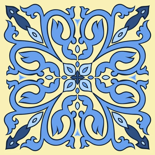 Hand drawing tile pattern in  blue and yellow colors. Italian majolica style. — Stock Vector