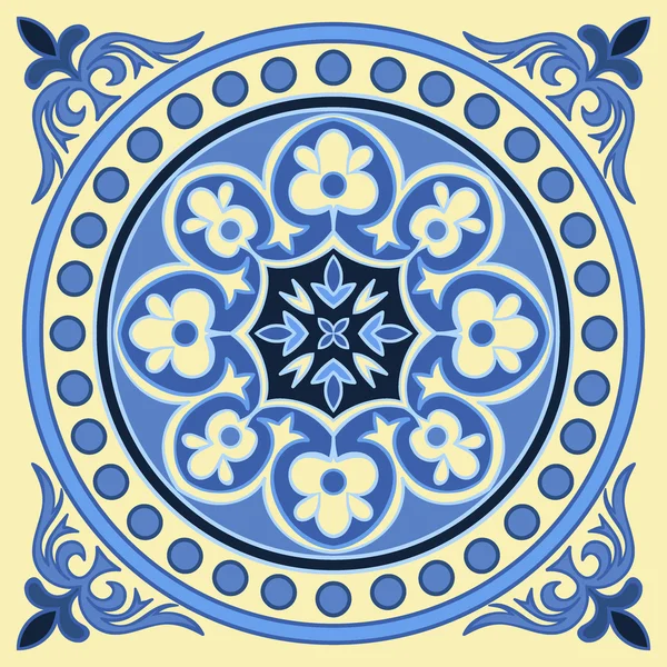 Hand drawing tile pattern in  blue and yellow colors. Italian majolica style. — Stock Vector