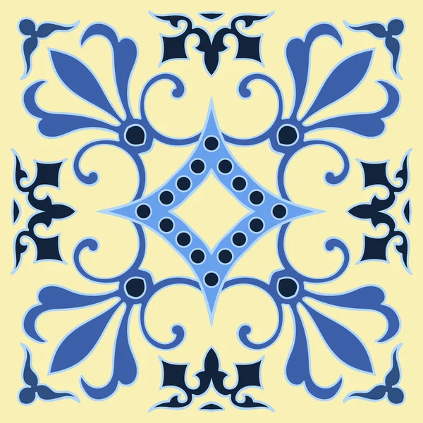 Dibujo a mano patrón de azulejos en colores azul y amarillo. Estilo mayólica italiana . — Vector de stock