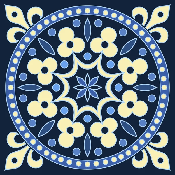 Hand drawing tile pattern in  blue and yellow colors. Italian majolica style. — Stock Vector