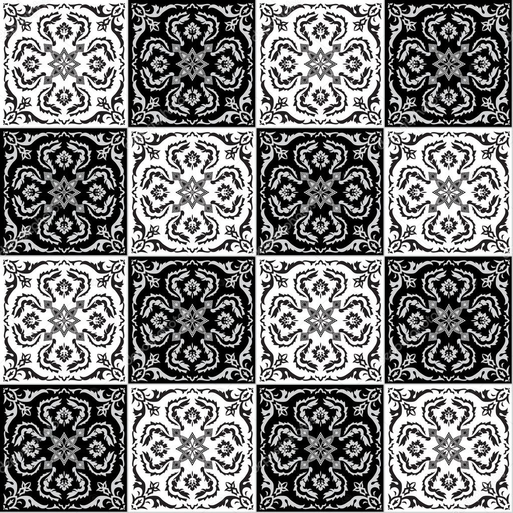 Disegno senza cuciture per piastrelle nei colori bianco e nero a mano Stile della maiolica italiana Illustrazione di vettore