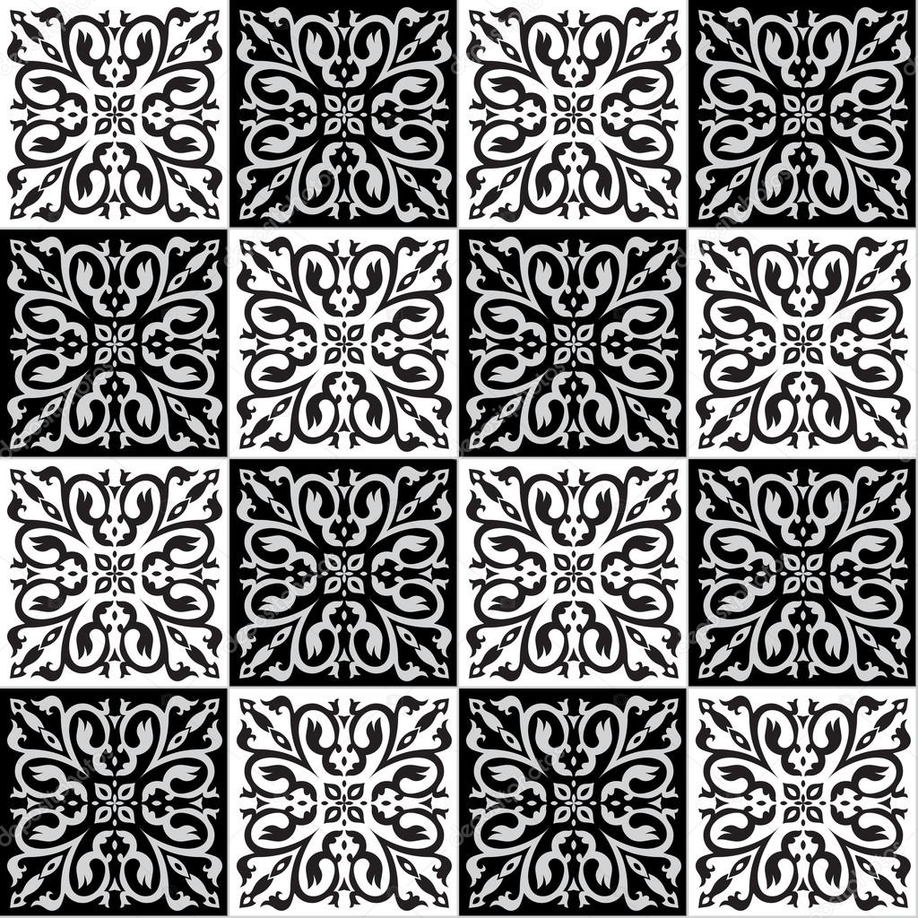 Disegno senza cuciture per piastrelle nei colori bianco e nero a mano Stile della maiolica italiana Illustrazione di vettore