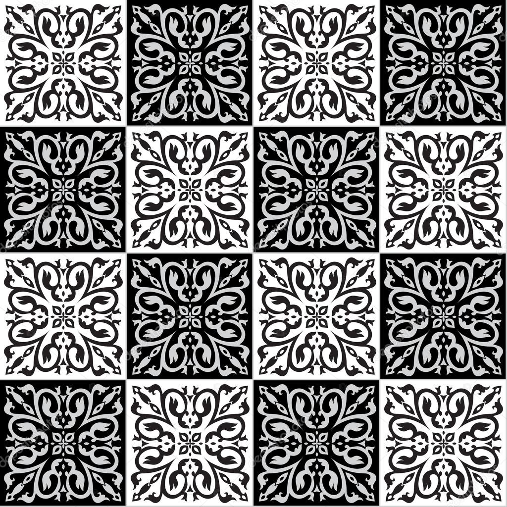 Disegno senza cuciture per piastrelle nei colori bianco e nero a mano Stile della maiolica italiana Illustrazione di vettore