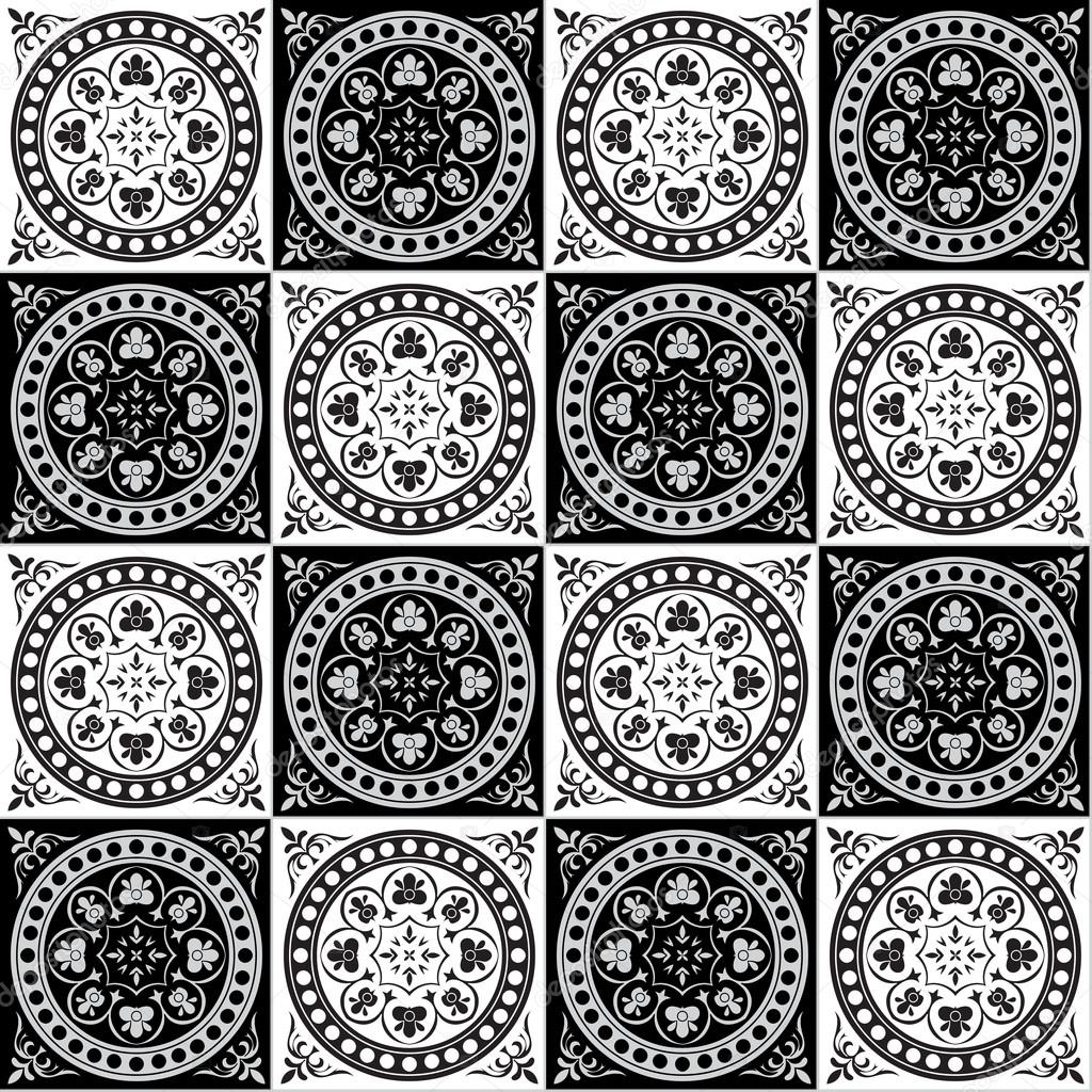 Disegno senza cuciture per piastrelle nei colori bianco e nero a mano Stile della maiolica italiana Illustrazione di vettore