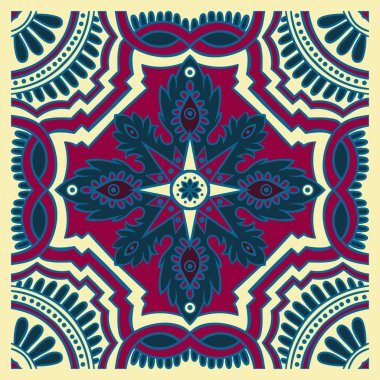 Koyu mavi, mor ve sarı renklerde el çizim döşeme deseni. İtalyan Mayolikası tarzı.