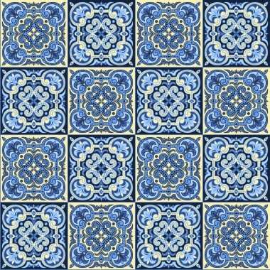 El mavi ve sarı renklerde kiremit için dikişsiz desen çizimi.