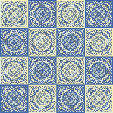 El mavi ve sarı renklerde kiremit için dikişsiz desen çizimi.