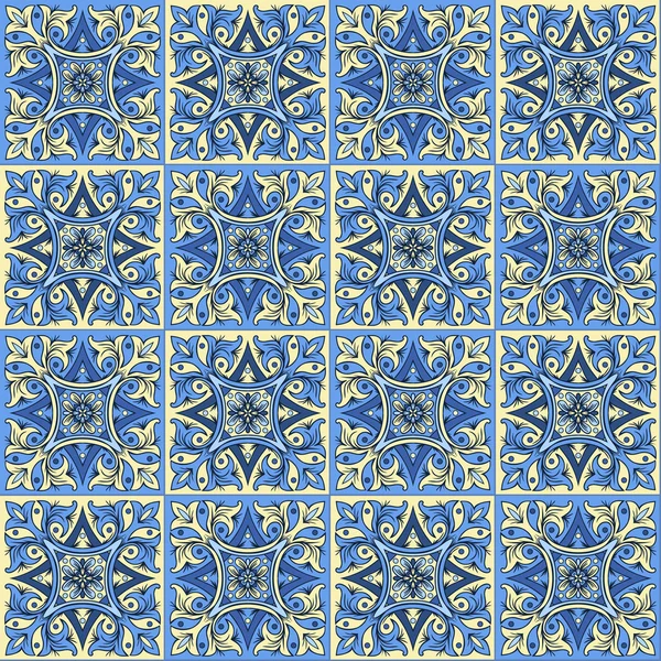 Hand drawing seamless pattern for tile in blue and yellow colors. — Stock Vector