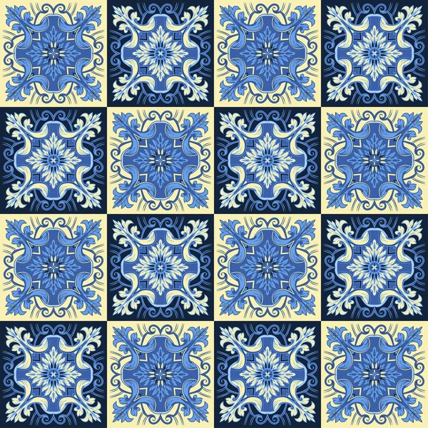 Ручной рисунок бесшовный узор для плитки в синем и желтом цветах . — стоковый вектор
