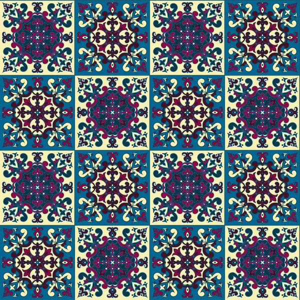 Hand drawing seamless pattern for tile in in dark blue, purple and yellow colors. — Stock Vector