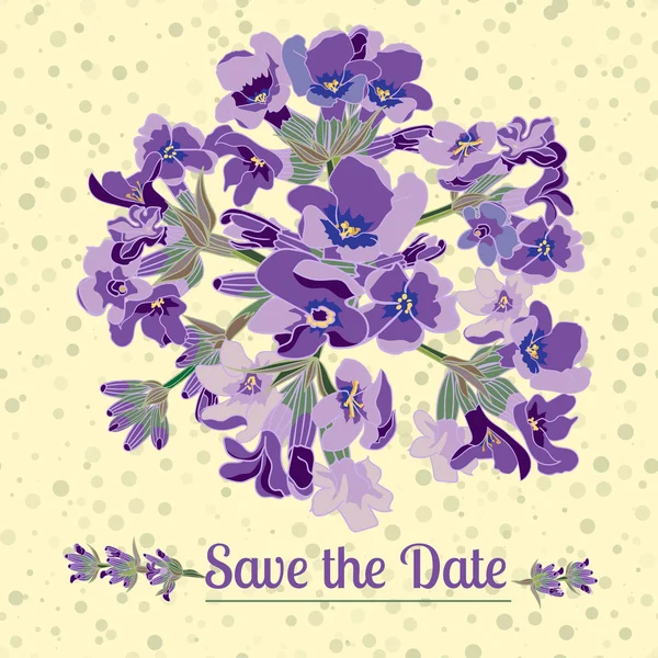 Wenskaart met lavendel bloemen. Botanische illustratie. — Stockvector
