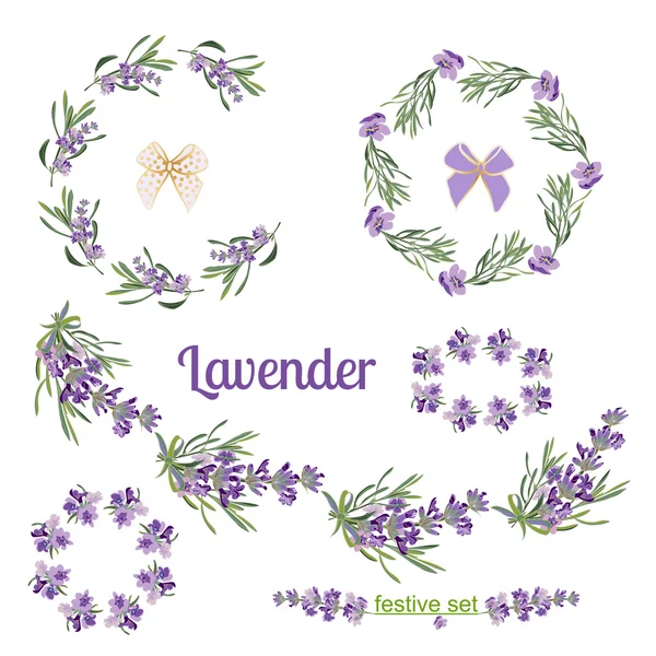 Defina molduras festivas e elementos com flores de lavanda para cartão de saudação. Ilustração botânica . — Vetor de Stock