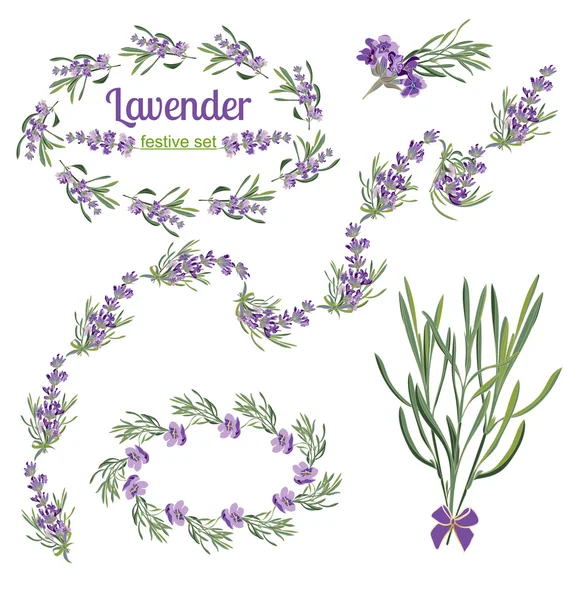Defina molduras festivas e elementos com flores de lavanda para cartão de saudação. Ilustração botânica . —  Vetores de Stock