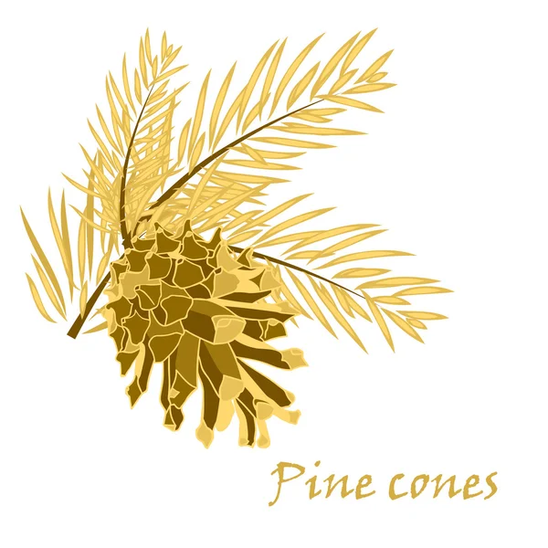 Ramas de abeto con cono de pino en color dorado — Vector de stock