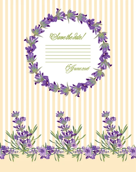 Wenskaart met lavendel bloemen. Botanische illustratie. — Stockvector