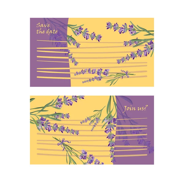 Conjunto de tarjetas de invitación con marco de flores Lavanda — Vector de stock