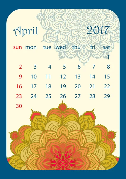 April 2017 Kalender mit runden Blumen Mandala dekoriert — Stockvektor