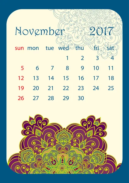 11 月 2017年日历装饰着圆形花曼陀罗 — 图库矢量图片