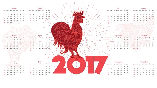 2017 calendario con gallo rojo. Fondo blanco — Vector de stock