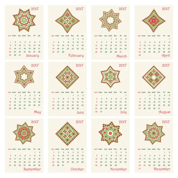 2017 Calendario con patrón de ornamento redondo étnico en colores rojo y verde — Vector de stock