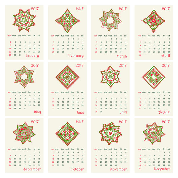 2017 Calendar with ethnic round ornament pattern in red and green colors