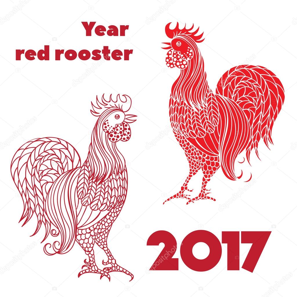 Set of red roosters.. Hand-drawn doodle contour and silhouette