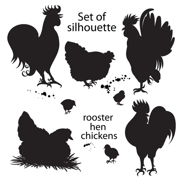 Zestaw czarna sylwetka kogutów, kur i kurczaków... Ręcznie rysowane doodle — Wektor stockowy