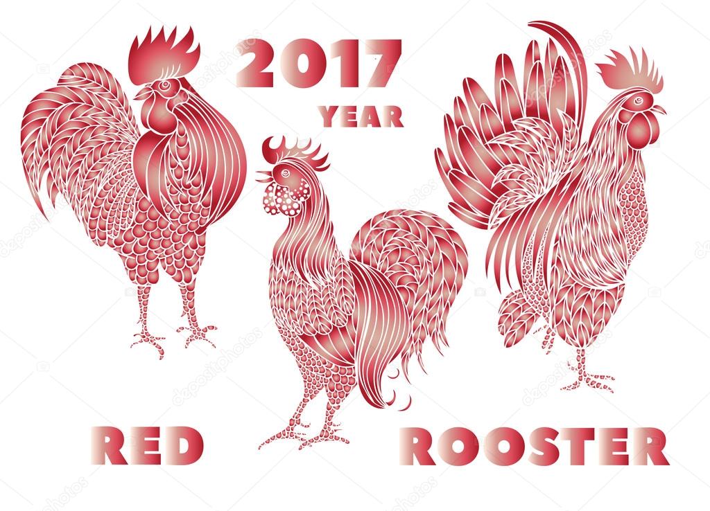 Set of red roosters. Hand-drawn doodle silhouette with gradients