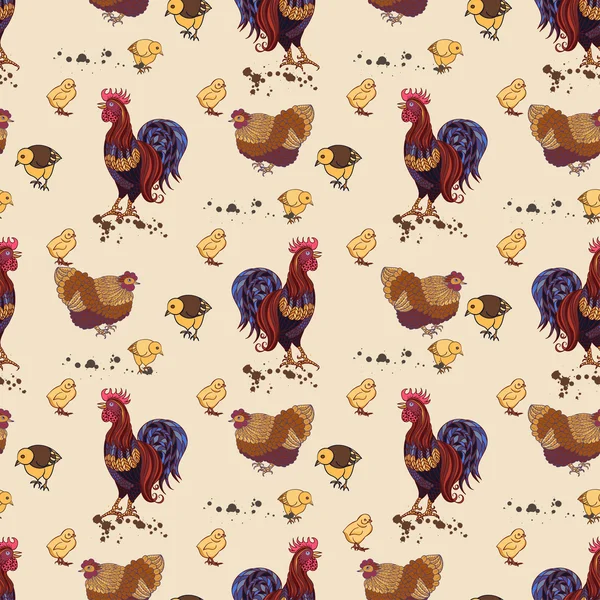 Naadloze achtergrond met hand getrokken haan, kippen en kuikens — Stockvector