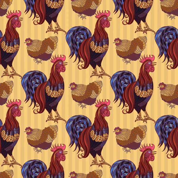 Naadloze achtergrond met hand getrokken haan, kippen en kuikens — Stockvector