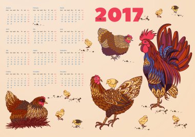 horoz, tavuk ve tavuk ile 2017 takvim. Hafta Pazartesi günü başlar