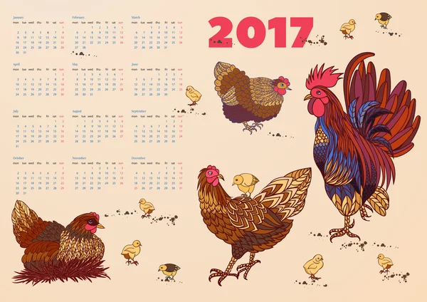 Calendario 2017 con gallos, gallinas y pollos. La semana comienza el lunes — Vector de stock