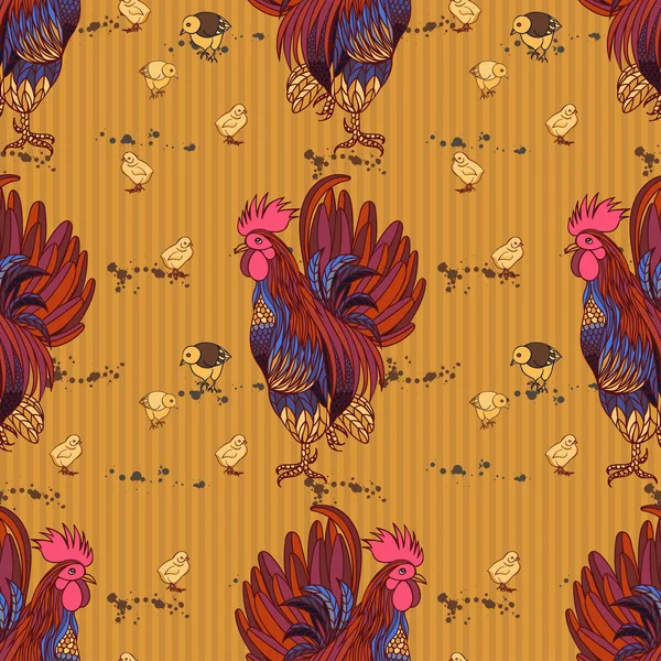 鶏、鶏、鶏の手でシームレスな背景が描かれて — ストックベクタ