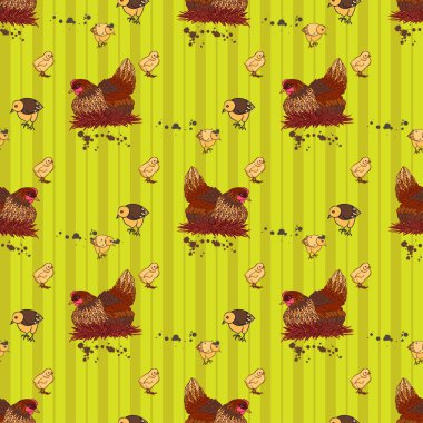 Horoz, tavuk ve tavuk sorunsuz arka plan el ile çizilmiş