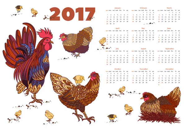 Calendario 2017 con gallos, gallinas y pollos. La semana comienza el domingo — Vector de stock