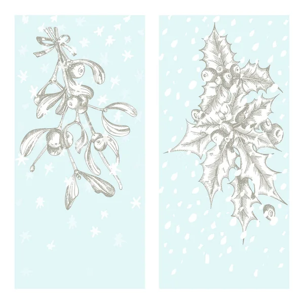 设定圣诞节新年卡片，上面有寄生和冬青植物，背景为蓝雪。手工绘制的古代素描植物艺术。雕刻风格。矢量说明 — 图库矢量图片