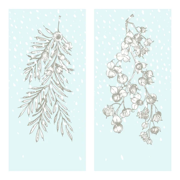 Defina o cartão de ano novo de Natal com árvore de teixo e plantas de inverno agridoce orientais isoladas em fundo de neve azul. Desenho à mão vintage esboço arte botânica. Estilo de gravura. Ilustração vetorial — Vetor de Stock