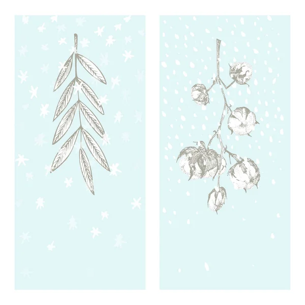 Set carte de nouvel an de Noël avec branche de coton et feuilles de rowan plantes d'hiver isolées sur fond de neige bleue. Croquis vintage dessiné à la main art botanique. Style gravure. Illustration vectorielle — Image vectorielle