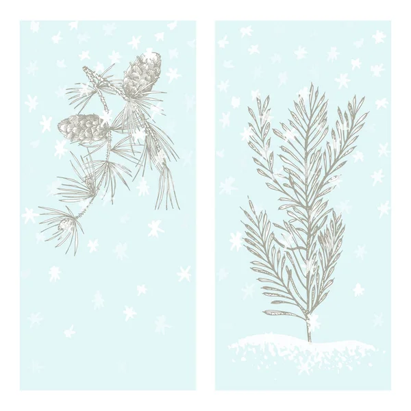 Defina o cartão de ano novo de Natal com yew tree e pinhas Plantas de inverno isoladas em fundo de neve azul. Desenho à mão vintage esboço arte botânica. Estilo de gravura. Ilustração vetorial — Vetor de Stock