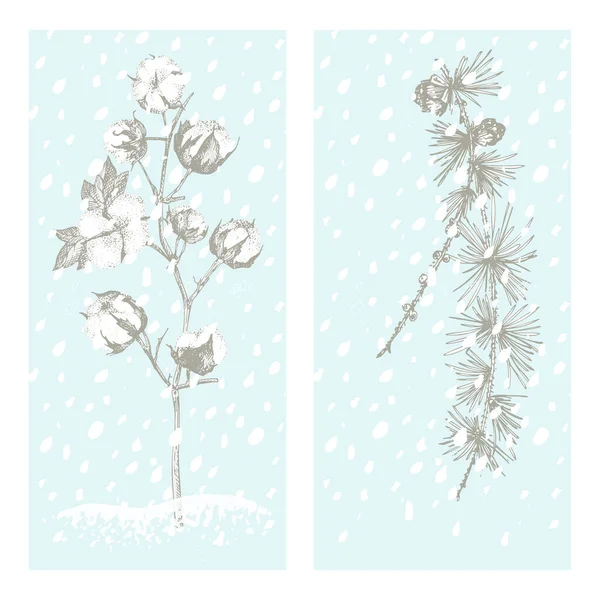 Kerstmis nieuwjaarskaart met katoen en lariks Winter planten geïsoleerd op blauwe sneeuw achtergrond. Handgetekende vintage schets van botanische kunst. Graveerstijl. Vectorillustratie — Stockvector