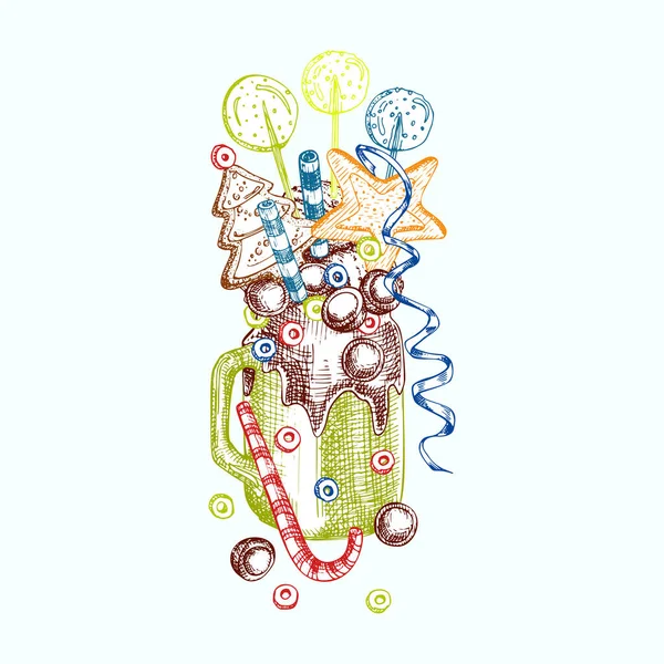 Monster Shake Dessert, isolierter Hintergrund. Handgezeichnete Farblinien Kunst, Skizze Stil Schokolade, Donut, Eis, Süßigkeiten, Kekse, Marshmallow Design für Restaurant, Café, Bar, Menü Vector — Stockvektor