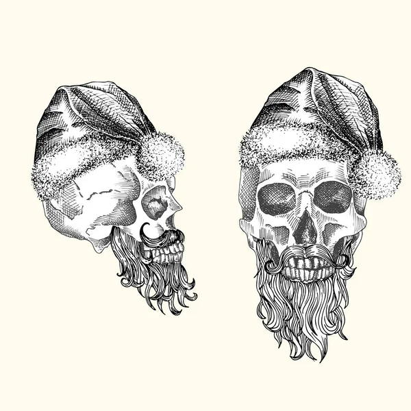 手描きのスケッチをサンタの帽子と毛皮のスカーフで人間の頭蓋骨を設定します。白を基調とした黒グラフィックアート。頭のフルフェイスビュー。彫刻芸術。代替クリスマスと新年のヴィンテージスタイル — ストックベクタ