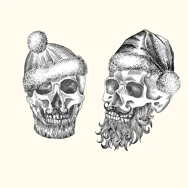 手描きのスケッチをサンタの帽子と毛皮のスカーフで人間の頭蓋骨を設定します。白を基調とした黒グラフィックアート。頭のフルフェイスビュー。彫刻芸術。代替クリスマスと新年のヴィンテージスタイル — ストックベクタ
