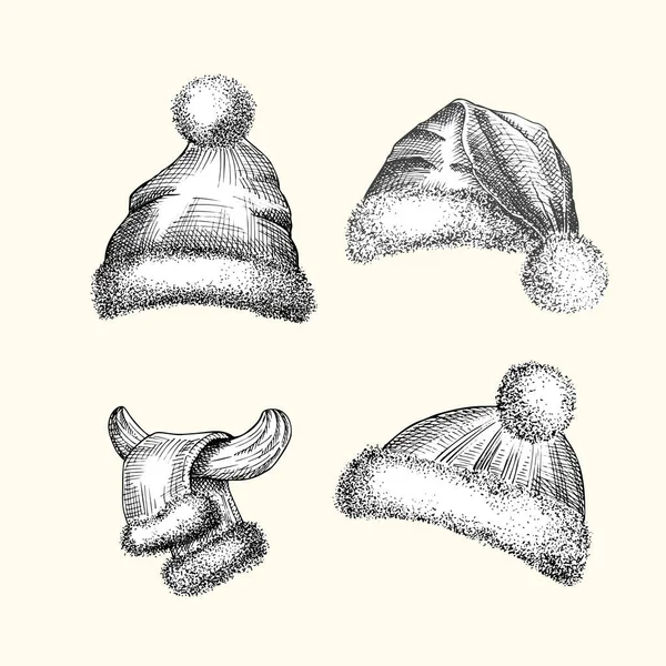 Set Hand drawn sketch santa hat and fur scarf. Black graphic Engraving art isolated on white background. Christmas and New Year vintage style design . Vector — Stock Vector