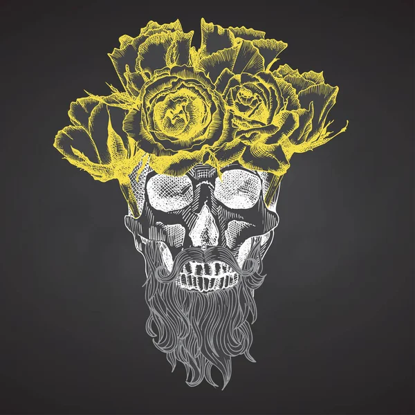 手描きのスケッチ花の花輪にひげと口ひげを持つ人間の頭蓋骨。黄色のバラ面白い文字チョークグラフィック黒板の背景に隔離された彫刻芸術。ヴィンテージスタイル。ベクトル — ストックベクタ