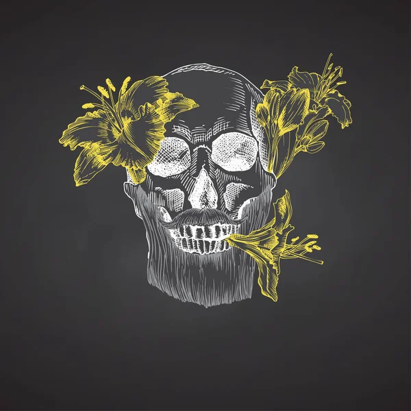 手描きのスケッチ花の花輪にひげと口ひげを持つ人間の頭蓋骨。黄色のユリ面白い文字チョークグラフィック黒板の背景に隔離された彫刻芸術。ヴィンテージスタイル。ベクトル — ストックベクタ